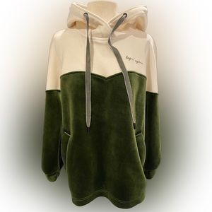 Warm Mossy Green and Off-White Thick Velour Hoodie by X-MOOM